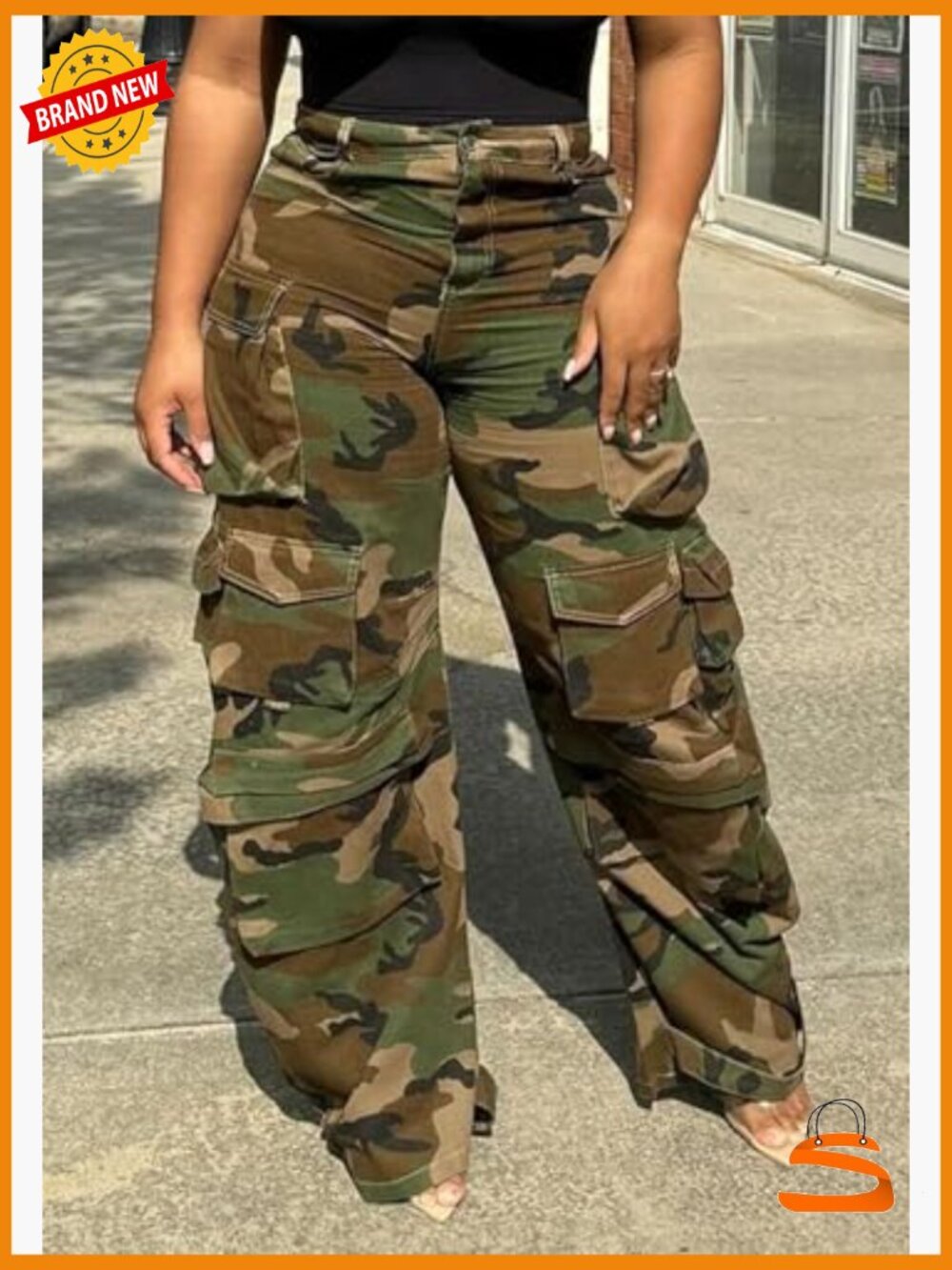 High Waisted Wide Leg Cargo Pants with Pockets, Lightweight Polyester Blend - Picture 6 of 7